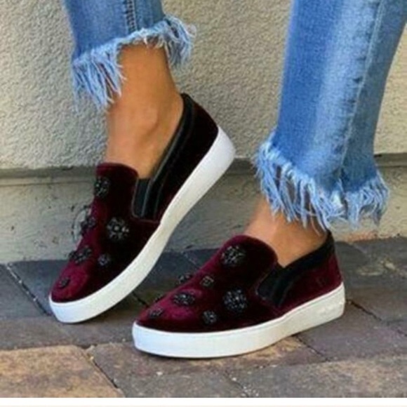 Michael Kors Velvet Embellished Slide On Sneakers Plum Maroon 7 - Picture 3 of 7